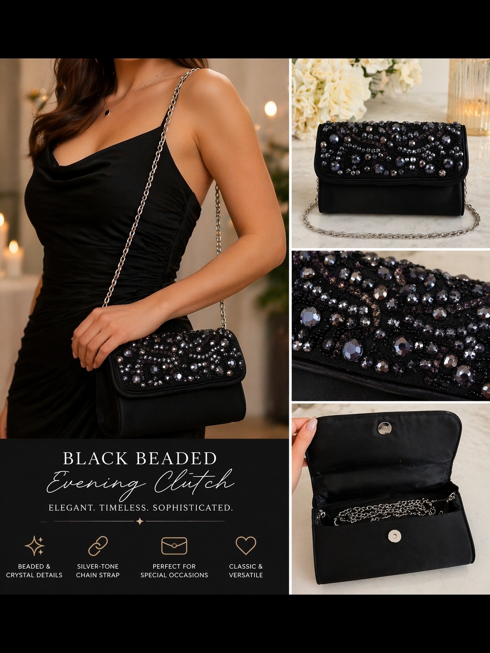 Elegant Black Beaded Evening Clutch with Chain Strap